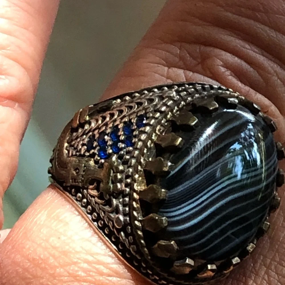 Men’s Sterling Striped Agate Ring Made In Turkey Blue Stones Size 10 Handmade